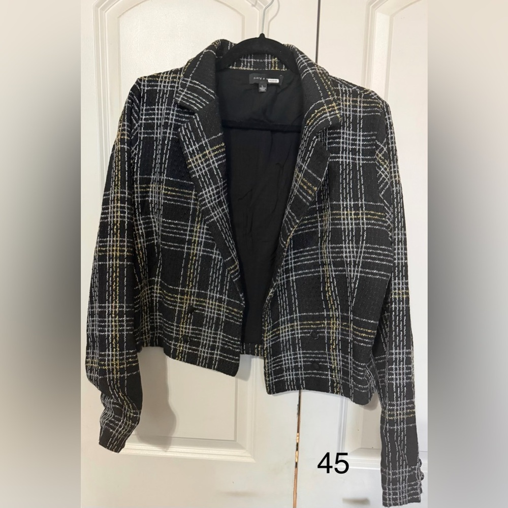 Slate & Willow Plaid Blazer with Gold Accents